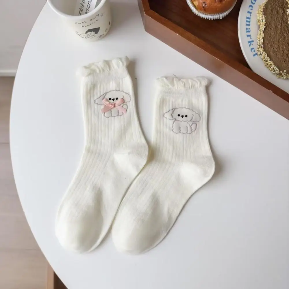 4Pairs لينة الكرتون الكلب Bowknot كشكش الجوارب Kawaii المضادة للانزلاق الحلو جوارب أنبوبية الباليه نمط الجوارب منتصف العجل الجوارب النساء فتاة