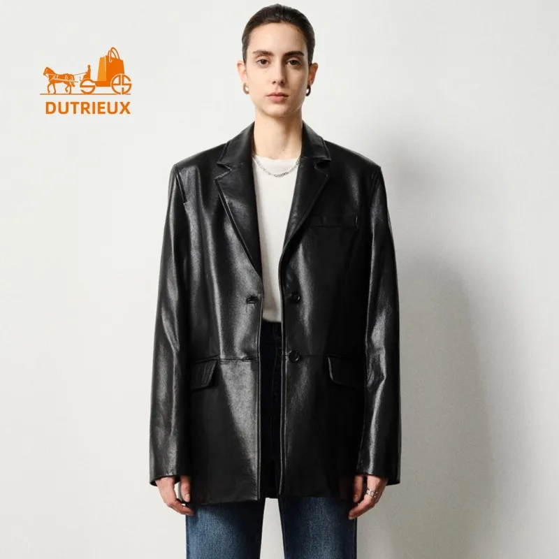 Winter-Damenanzugjacke aus lockerem Leder mit leicht breiter Schulterpartie, 100 % echtes Schaffell, stimmungsvoller, schlichter, klassischer Ledermantel