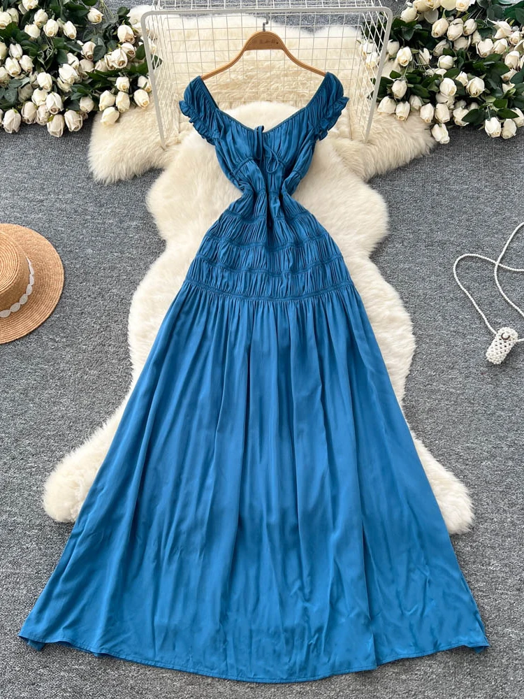 Summer Women's Design Sense Bubble Sve Dr Waist Cinching Slimming Holiday Sle Long Skirt High Waist A-Line ort Sve