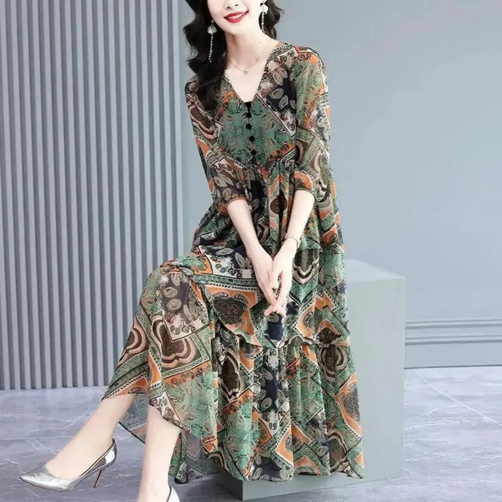 

Women Midi Dress Pleated Printed Loose Hem Button Decor Patchwork Dress Up V Neck Vintage Lady Summer Dress Female Clothes