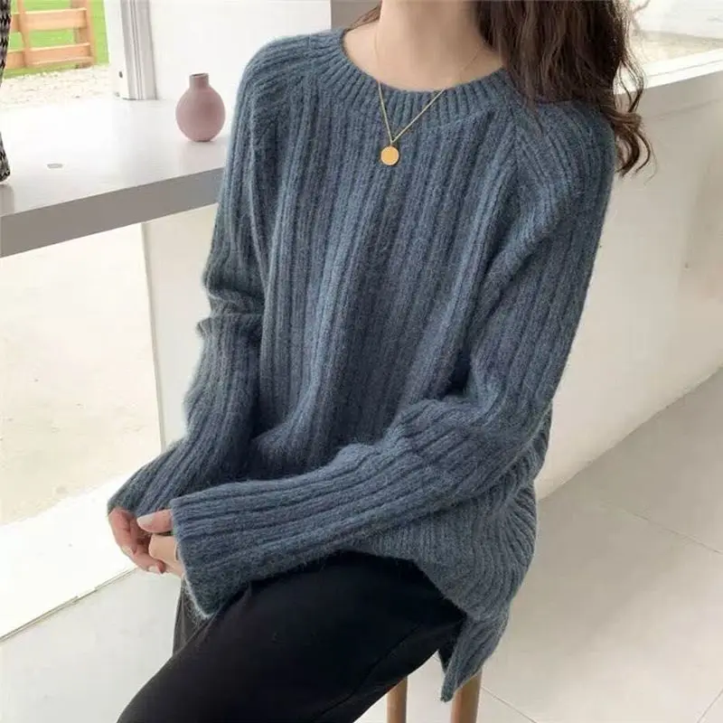 Fashion New Solid Color Knitting Bottoming Shirt Classic Long Sleeve Striped All-match O-collar Loose Autumn Winter Top 2022