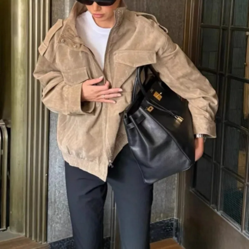 2025 المرأة الجديدة الخريف والشتاء الوقوف طوق جيب إغلاق الجلد المدبوغ الملمس الجلود مرونة قصيرة سترة غير رسمية فضفاضة تناسب #3