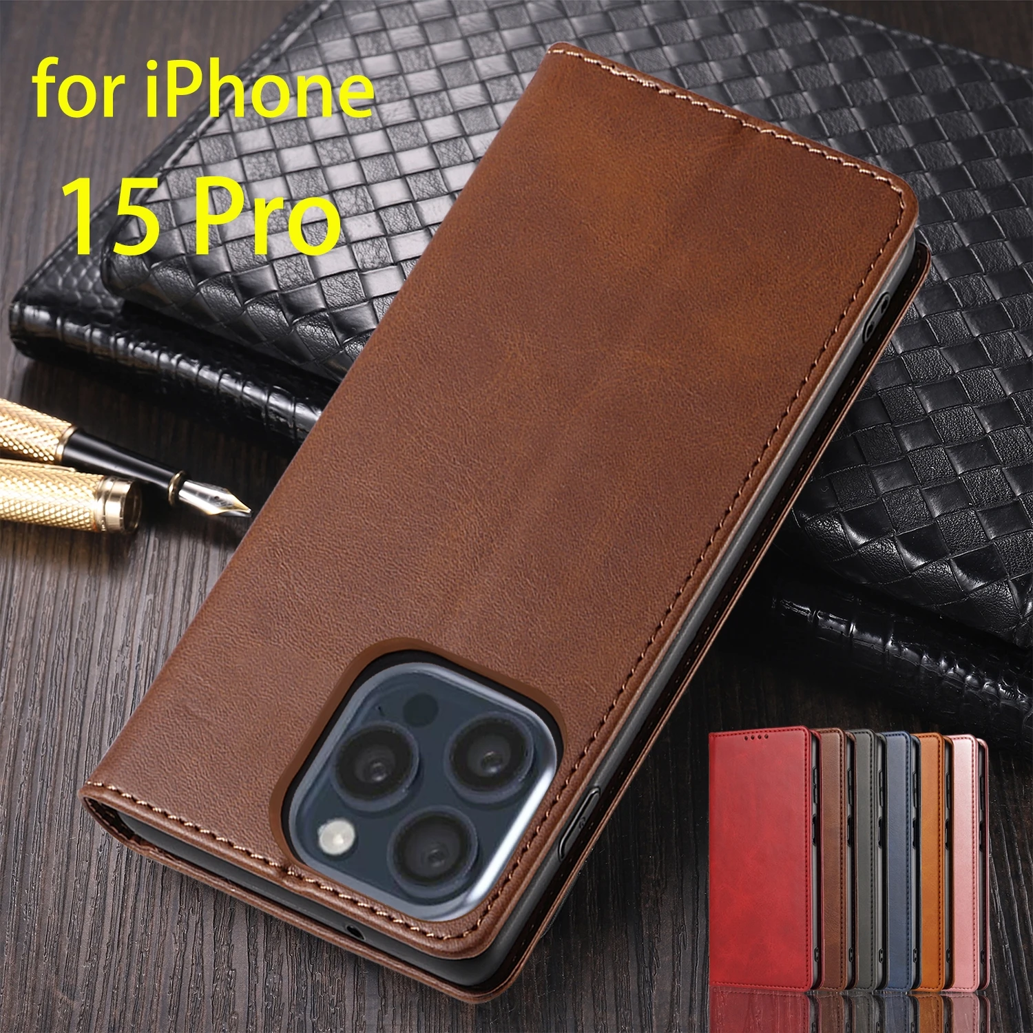 

Leather Case for Apple iPhone 15 Pro 6.1" Card Holder Holster Magnetic Attraction Cover Wallet Flip Case Capa Fundas Coque