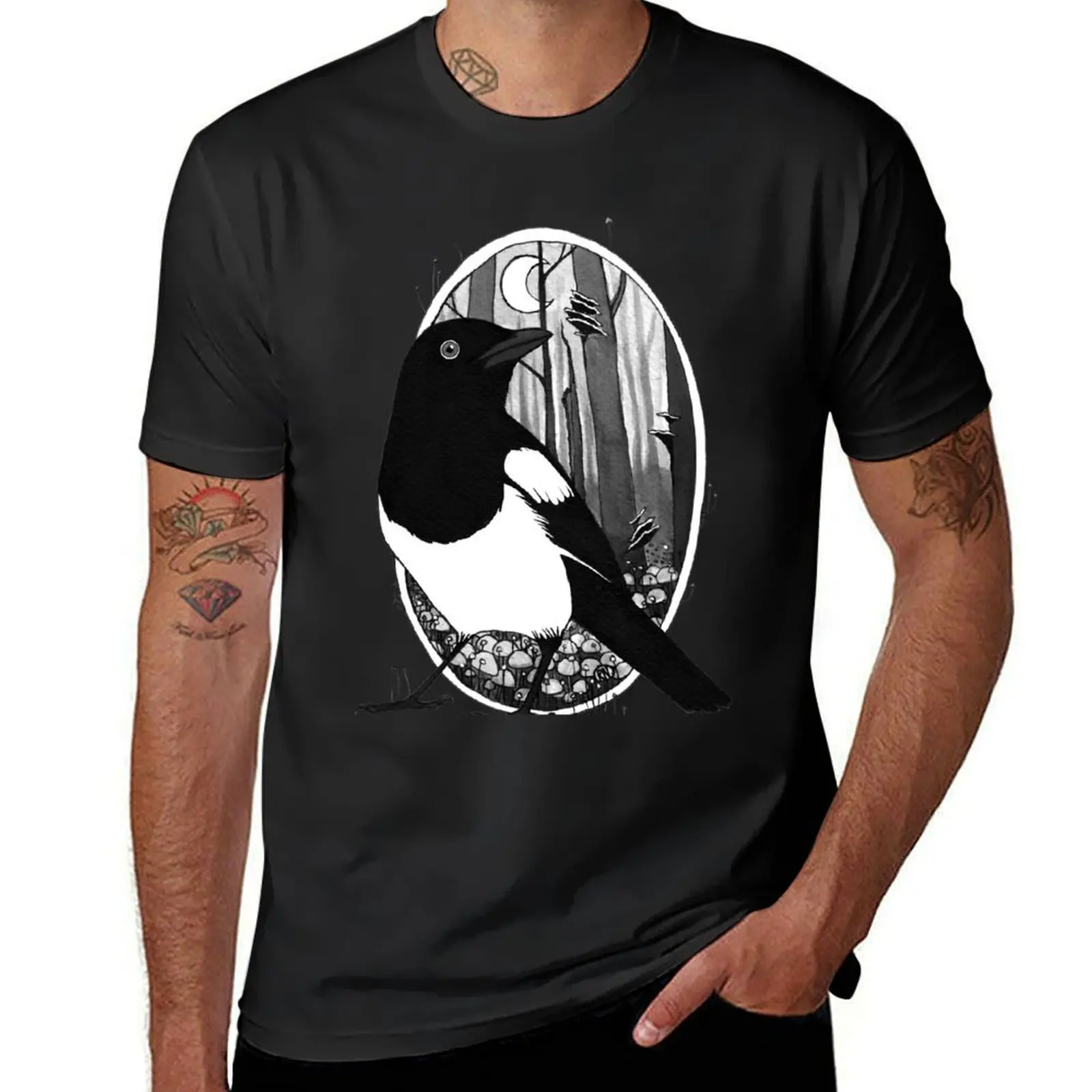 

Moonlit Magpie and Mushrooms T-Shirt cotton man t-shirts man t shirt anime clothes t shirts for men