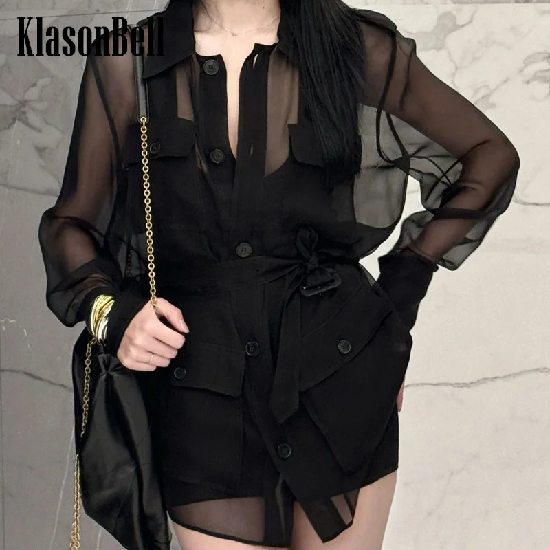 

8.6 KlasonBell Women Fashion Vintage Silk Sheer Long Sleeve Shirt Cargo Pocket Sashes Collect Waist Black All-matches Blouse