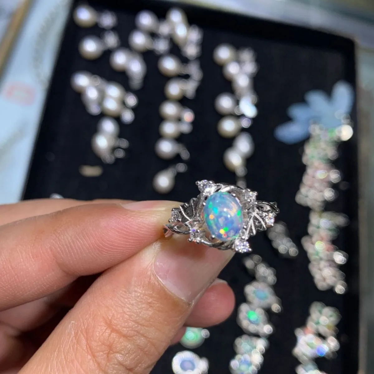 

80 Pieces/S925 Sterling Silver Natural Opal Stone Ring 6 * 8mm Fresh and Sweet Adjustable Ring for Women Fine Jewelry Wholesale