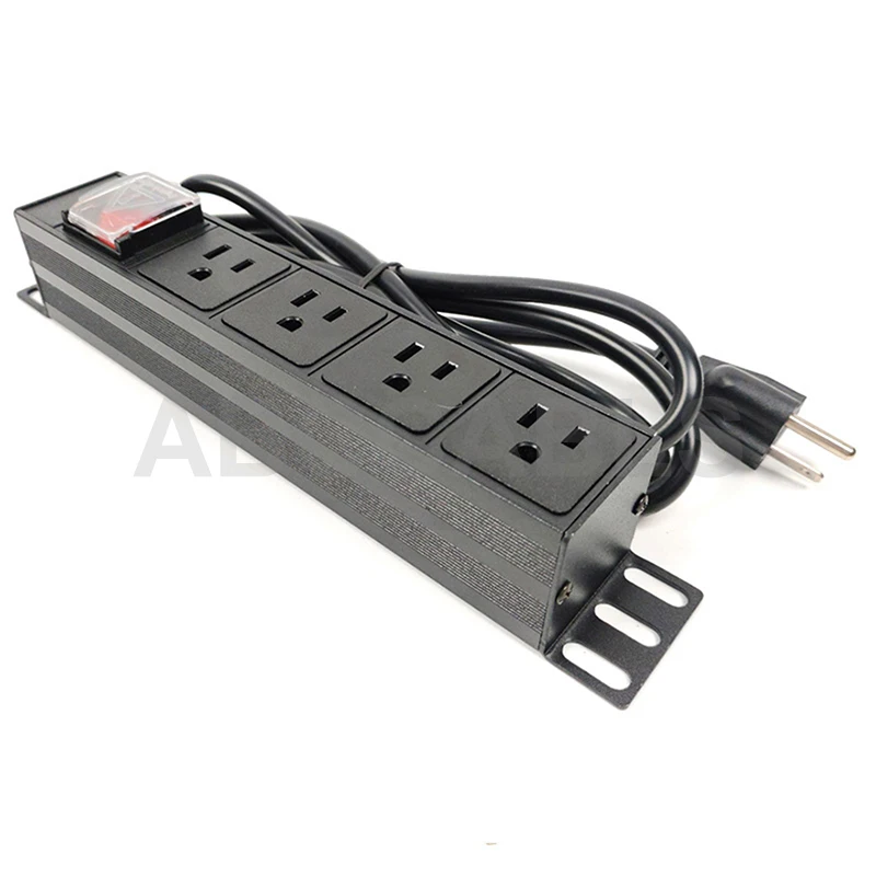 Power Strip 4 US NEMA 5-15R Sockets Overload Protection Waterproof Rocker Switch Metal Wall Mount Black Power Extension Cord