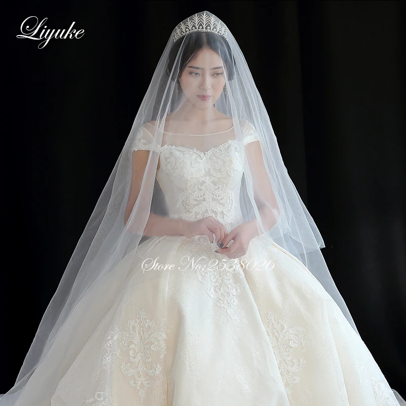 Liyuke Elegant Scoop คอบอลชุดแต่งงานชุดประดับด้วยลูกปัดเย็บปักถักร้อยลูกไม้สําหรับเจ้าสาวส่งภาพ Veil เป็นของขวัญ