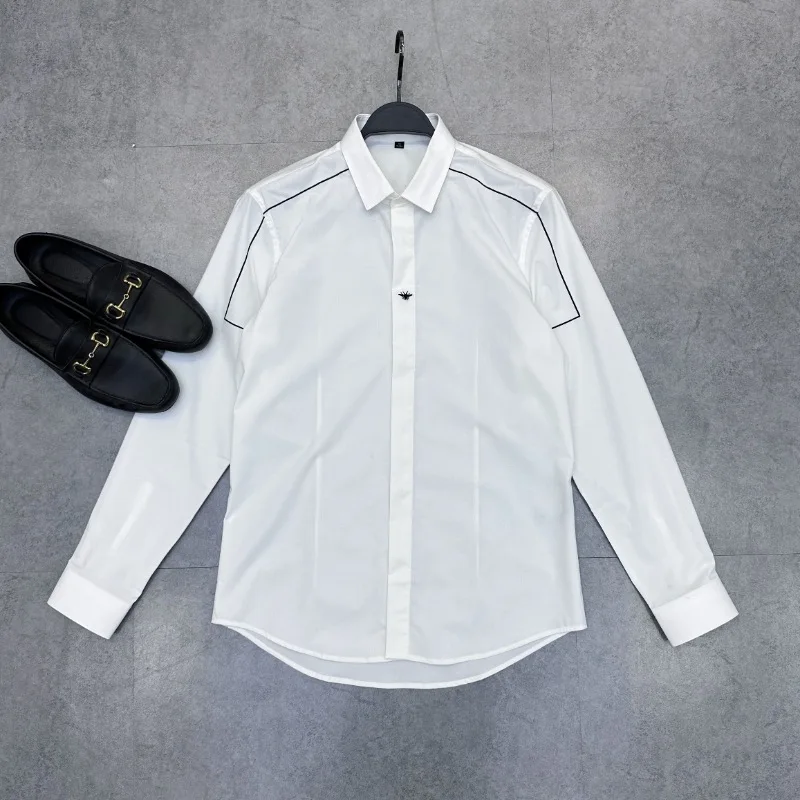 Men's new European station embroidered fashionable business slim fit black and white casual shirt