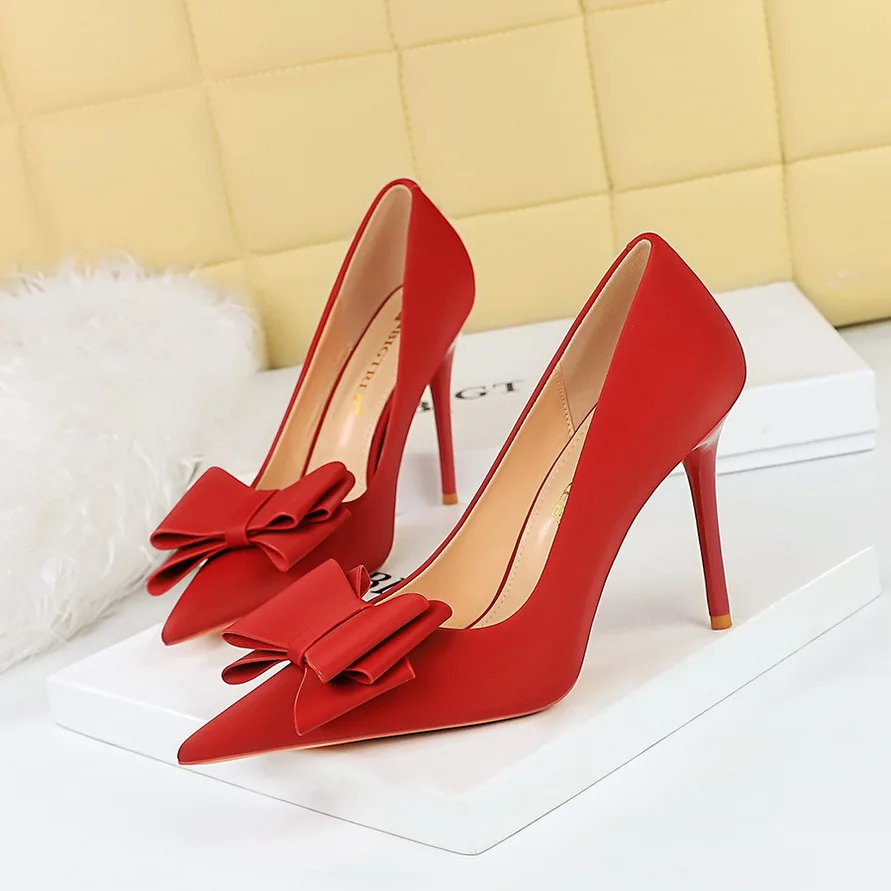 

New Women's Shoes Satin Pumps High Heel Sexy Shallow Mouthed Pointed Bow Single Shoes 10.5CM SlimThin Heels Fashion Girls Ladies