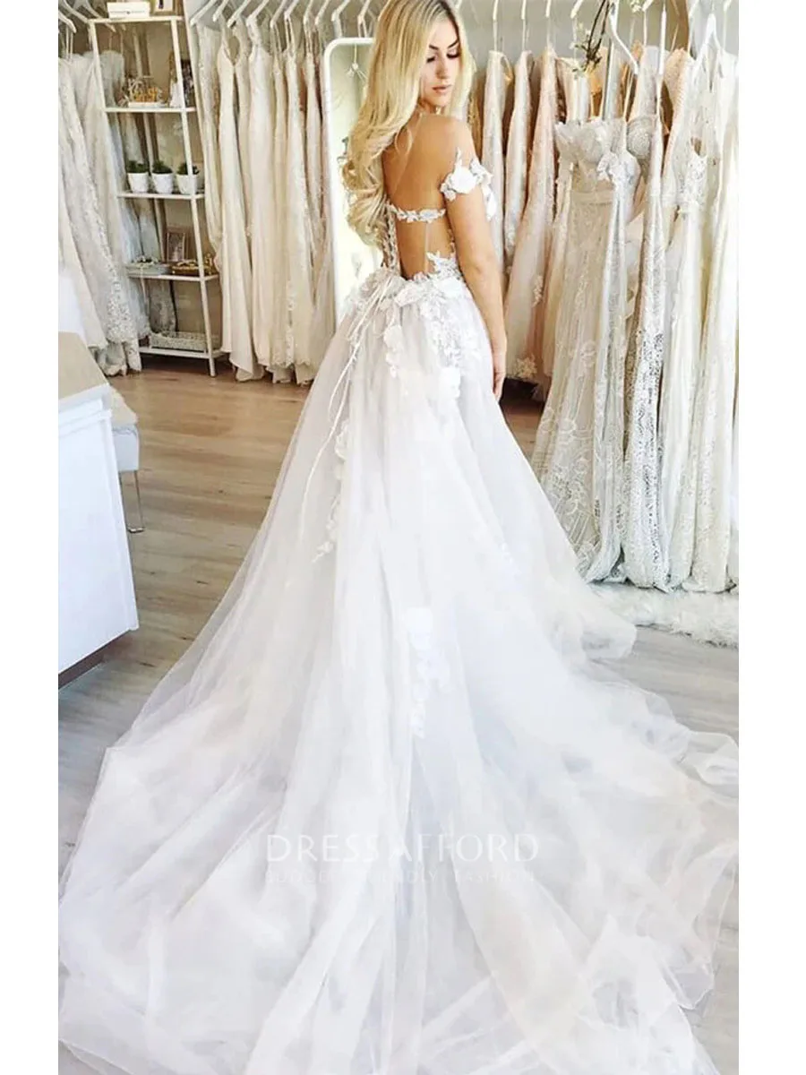 Newest Illusion Back Sleeveless A-Line Wedding Dresses Off The Shoulder Appliques Lace Bridals Gowns Vestidos De Novia