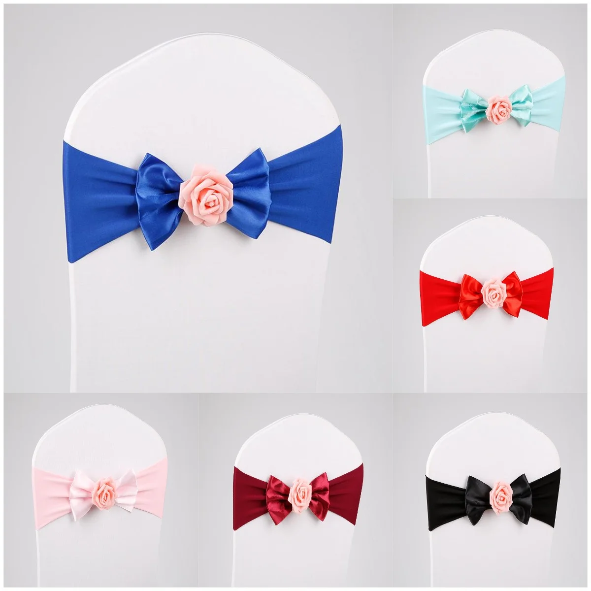 

Red Colour Wedding Decoration Spandex Chair Sash with Butterfly Bow Tie With Rose Ball Spandex Band Birthday Party Holiday