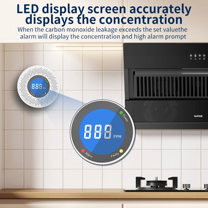 مستشعر إنذار ثاني أكسيد الكربون المستقل كاشف إنذار أول أكسيد الكربون عالي الحساسية تحذير شاشة الكريستال السائل إنذار CO للمنزل