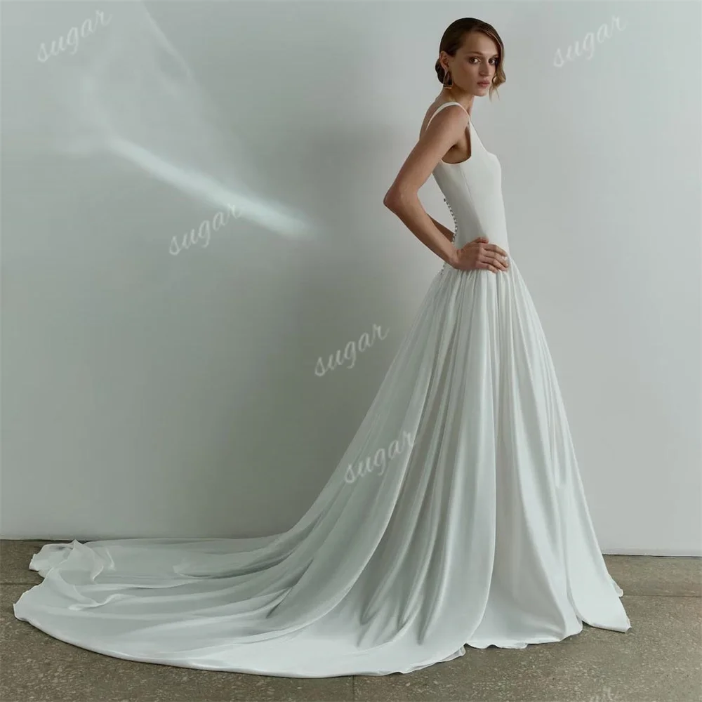 Vintage quadratische Brautkleider für Frauen eine Linie Satin Brautkleid langen Zug sexy rücken freie Strand Brautkleider vestidos de novia