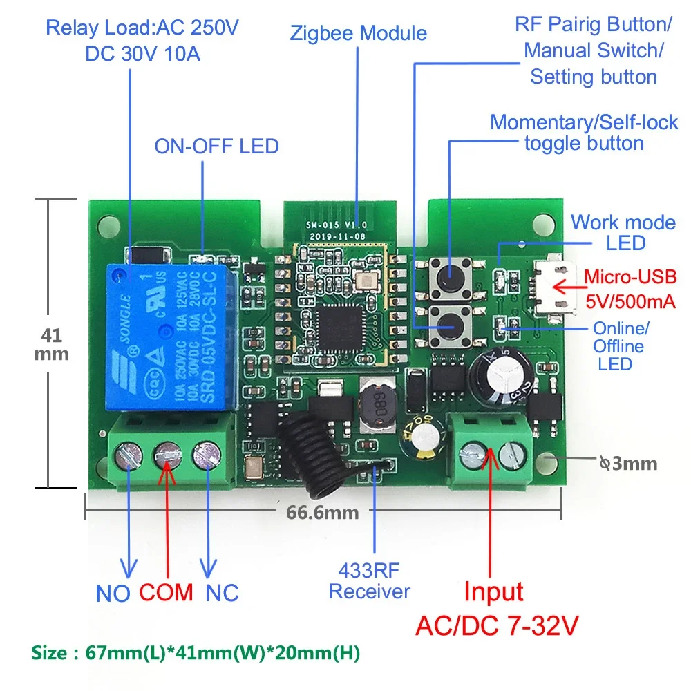 Zigbee tuya Smart Relay Switch Module 1 Channel AC/DC 7-32V USB 5V RF/APP Wireless Remote Control Smart Home Work With Alexa