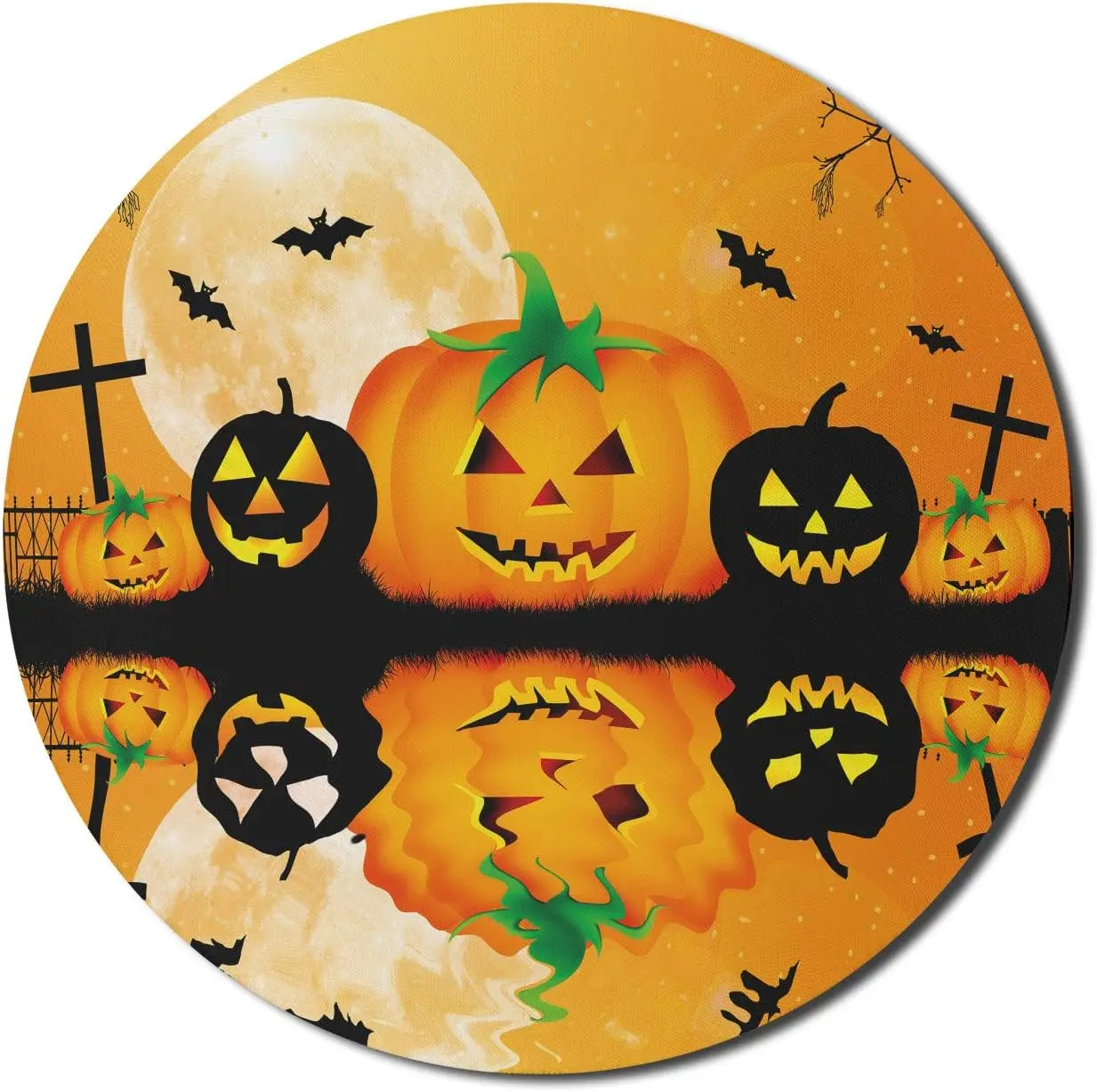 Halloween Mouse Pad Spooky Carved Pumpkin Lantern and Full Moon Bats Grave Lake Round Non-Slip Rubber Gaming Mousepad 8