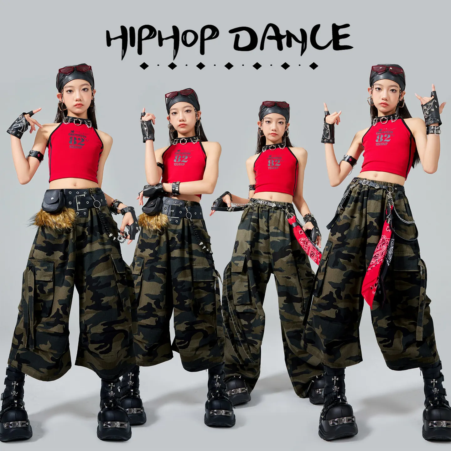 

Children'S K-pop Stage Outfit Kids Cool Hip Hop Clothing Girls Jazz Dance Performance Costume Red Vest Camouflage Pants XS10023