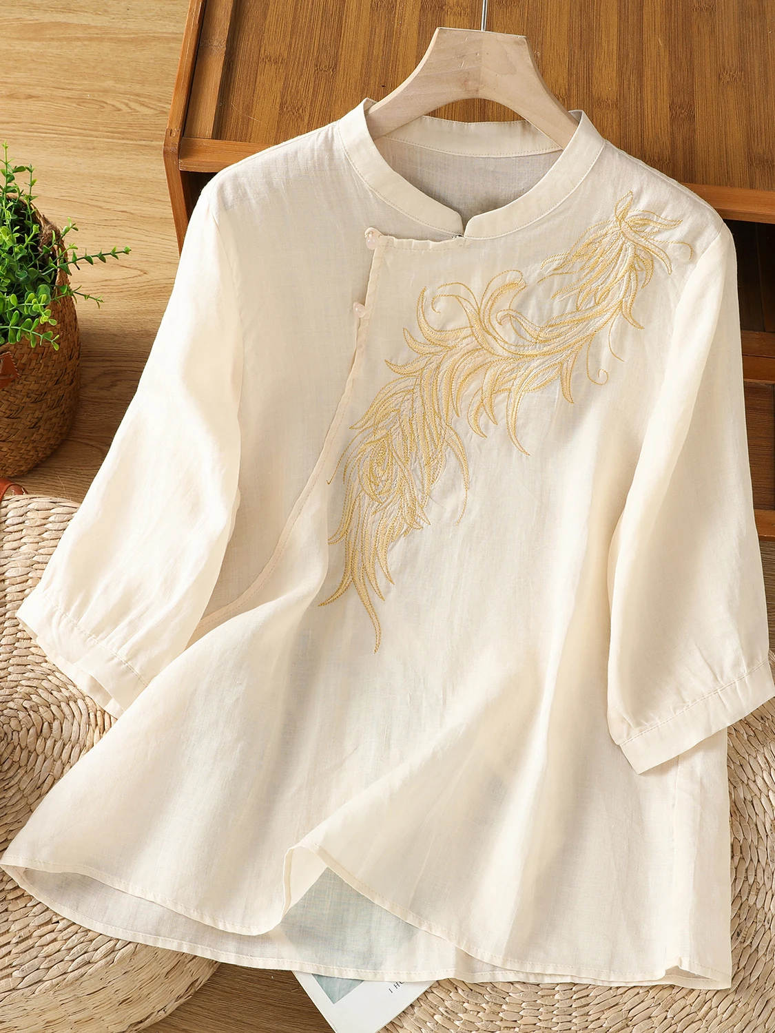 صيف 2025 جديد حجم كبير المرأة القطن الكتان فضفاض مطرز irt الفنية الصينية Sle قمة المرأة Faion #3