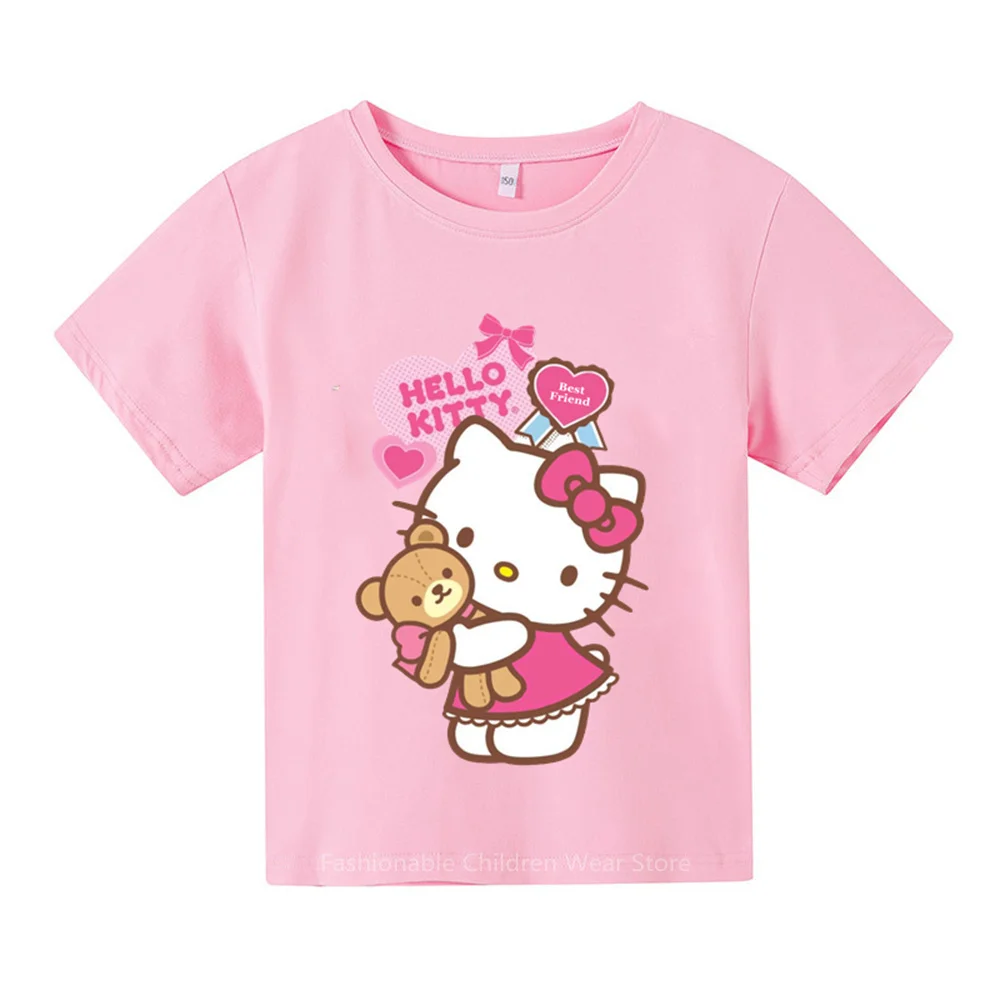 

New Hello Kitty Cute Cartoon Print T-shirt Summer Boys Girls Outdoor Cotton Casual Fashion Kids Short Sleeve