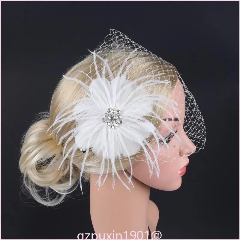 

57QA TeaParty Fascinator Hair Pin Cocktail Party Feathers Hair Clip for Women Mesh Flower Headpiece Elegant Church Headband