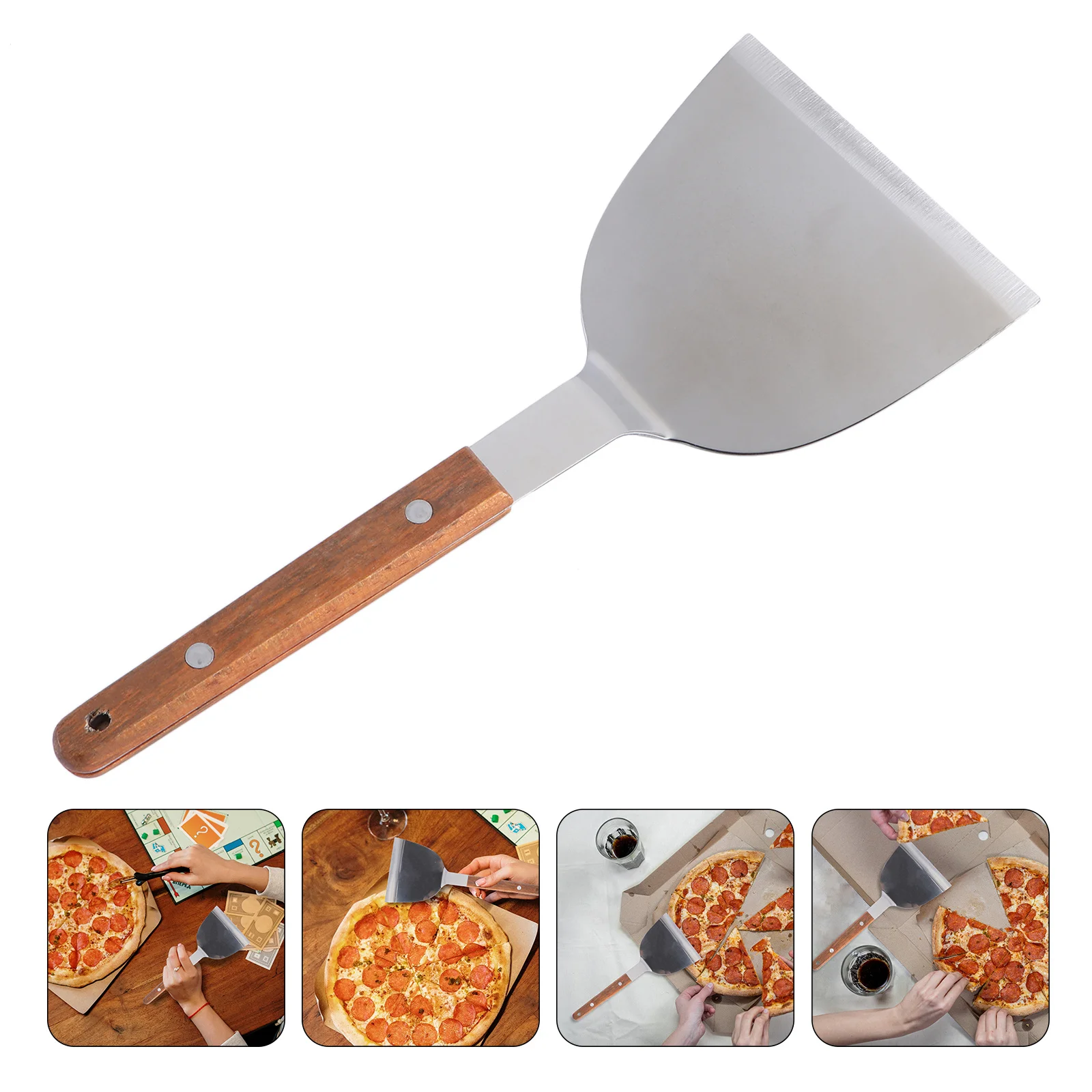 1 قطعة ملعقة مقبض خشبي الفولاذ المقاوم للصدأ المنزل مطعم ستيك البيتزا أداة الطبخ مقبض خشبي ملعقة #5
