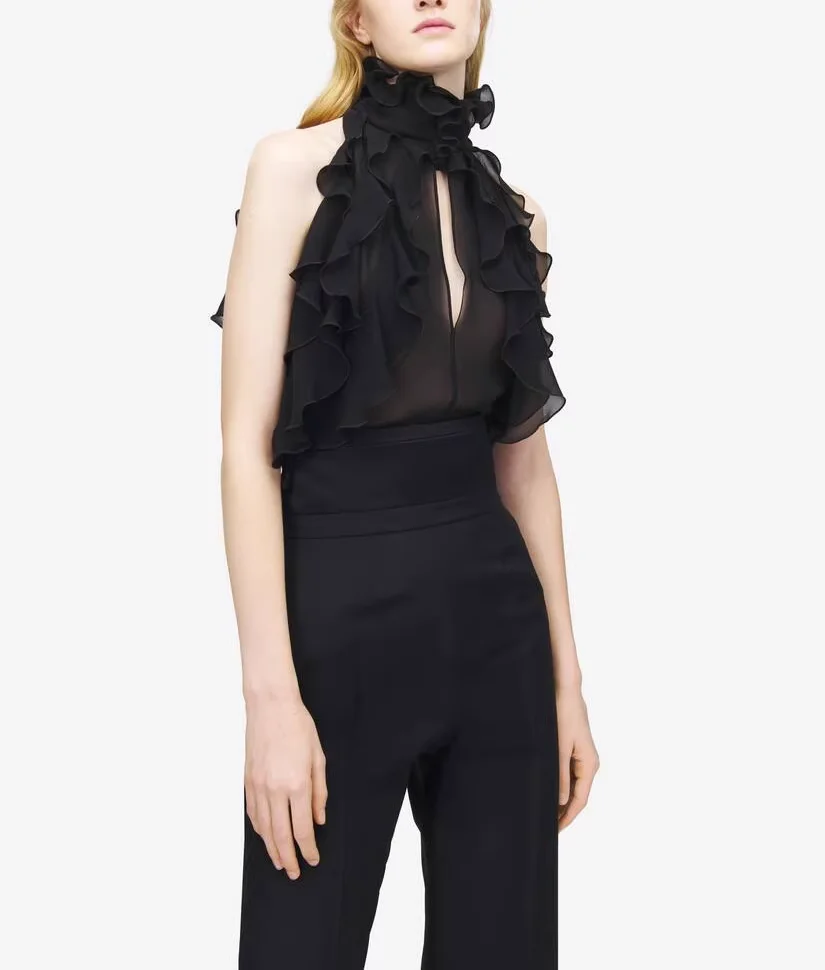 

Sexy Ladies Transparent Shirt Fashion Women's Black Silk Top Elegant Ruffles Beige Blouse Sleeveless