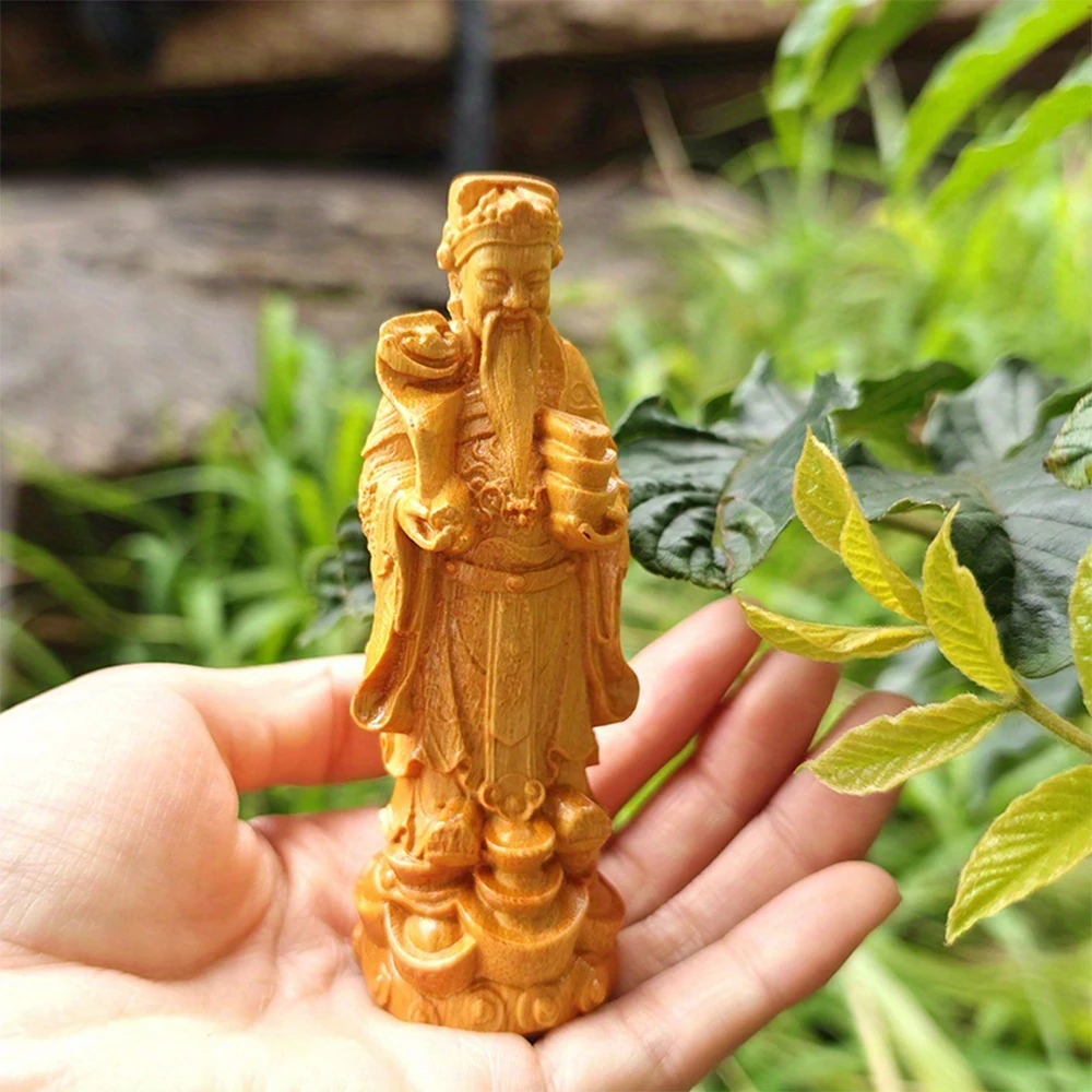 Ornement du Dieu de la Richesse en bois massif sculpté à la main, symbole de couronne et de prospérité, symboles de bonne fortune, décoration d'intérieur de style chinois, cadeau de pendaison de crémaillère, objet de collection en bois pour le Nouvel An chinois et Noël, visage compassant, art de la sculpture sur bois d'esthétique orientale