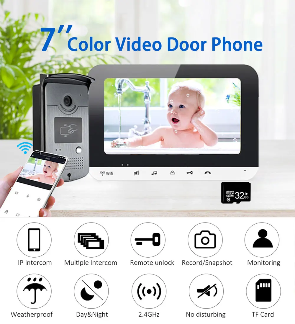 Tuya Smart WiFi Video Intercom System 7 Inch MonItor Video Door Phone Waterproof RFID Keyfob Camera Support TF Card Record