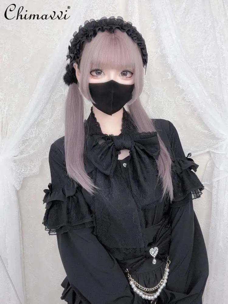 

Original New Japanese Style Mass-Produced Sweet Lace Bow Solid Color Long Sleeve Blouse Subculture Gothic Girl Lady Lolita Shirt