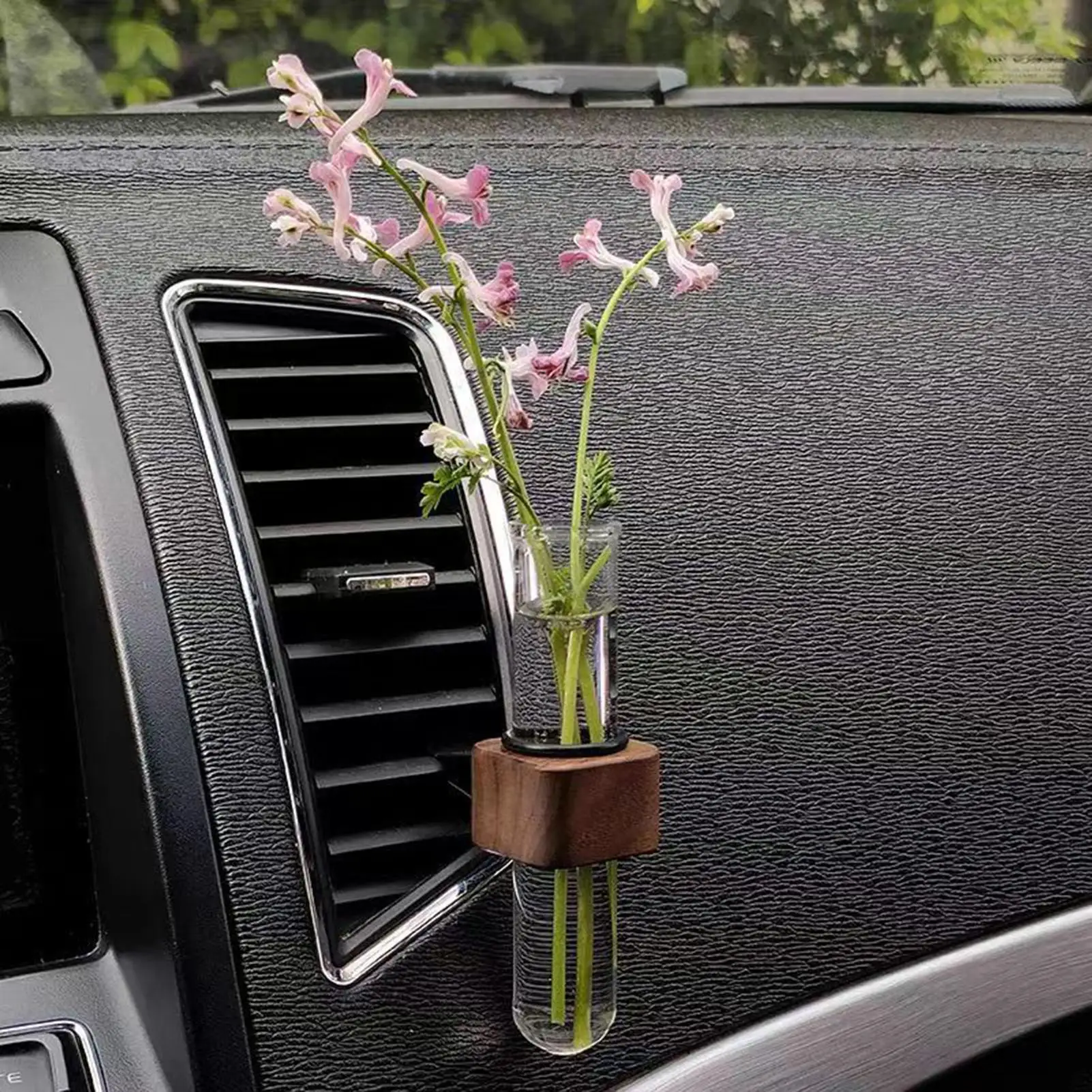 Stabile Mini Auto Blumenvase Clip Elegante verstellbare Auto Vent Blumenvase Walnuss und Glas Kreative Auto Vent Dashboard Dekoration