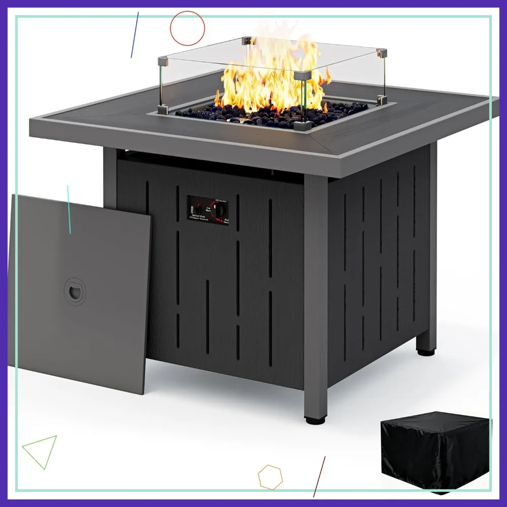 

Уличный пропановый стол-костровище 33 дюйма, 50 000 BTU, со стеклянной защитой от ветра и крышкой для патио, сада, заднего двора