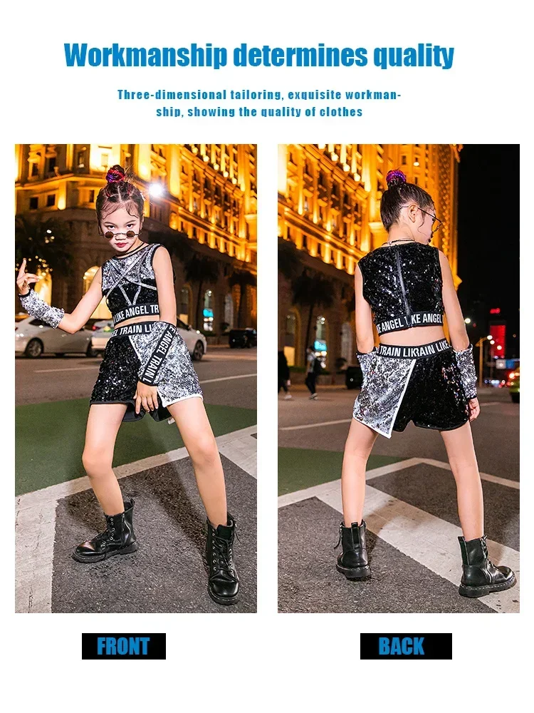 ZZL Urban Dance Girl Clothes Black Silver Sequins Suit K-pop Stage Outfit Fashion Jazz Dance Costume Children Hip-hop Cool Wear