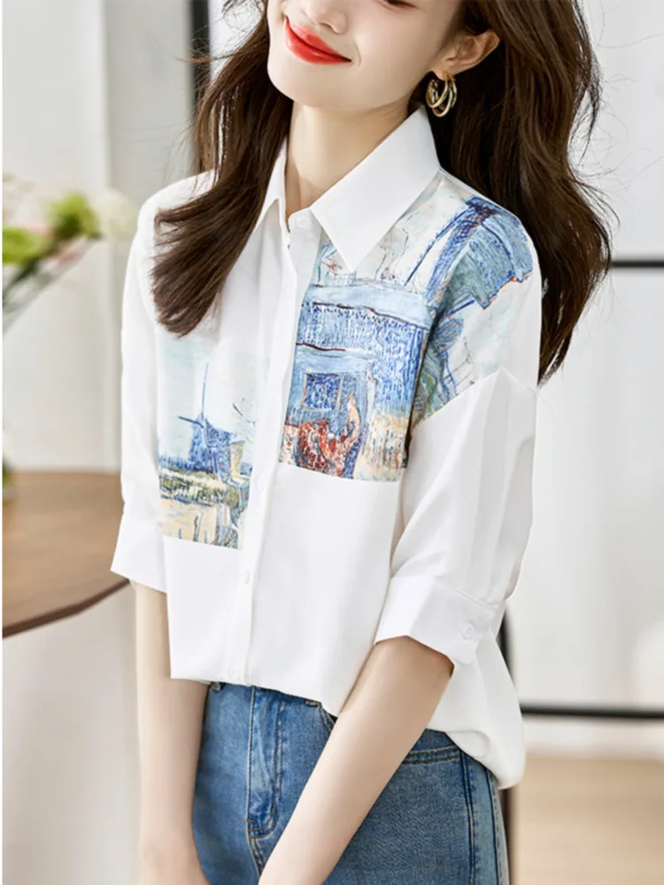 #3141 White Shirt Women Loose Printed Chiffon Shirts Blouse Femme Half Sleeve Thin Sexy Vintage Womens Tops And Blouses Summer