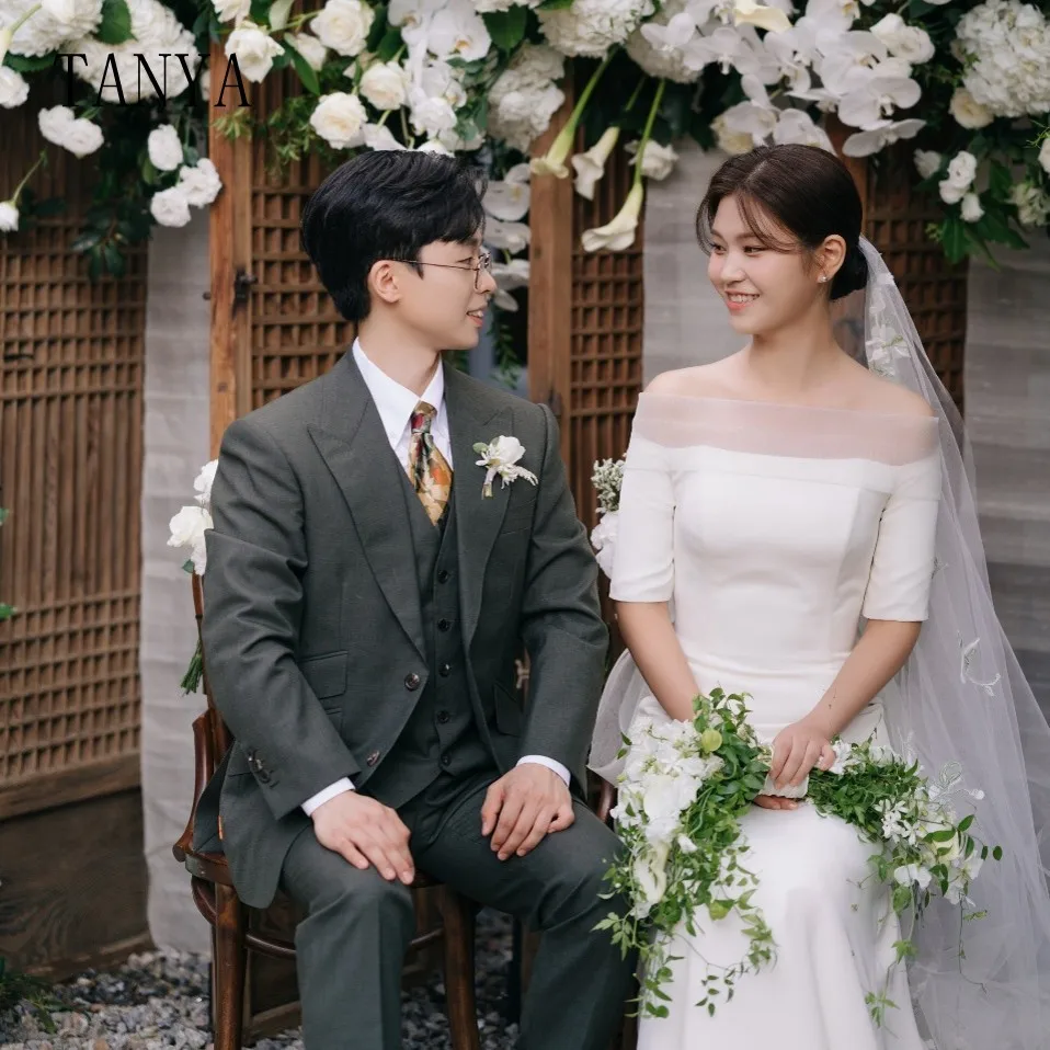 TANYA elegante vestido de novia de manga corta con cuello barco, vestido de novia sencillo de satén suave hasta el suelo, vestidos de novia de cola de barrido G4231