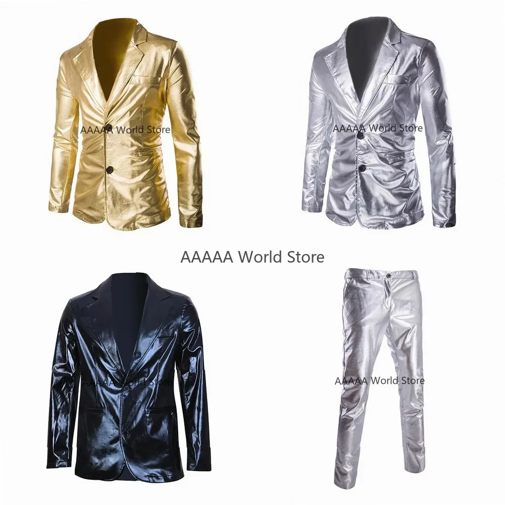 

Glossy Cosplay Suit for Men Slim Fit Blazer Jacket Pants Hot Stamping Party Wear Gold Silver Black Shiny Two Piece Set