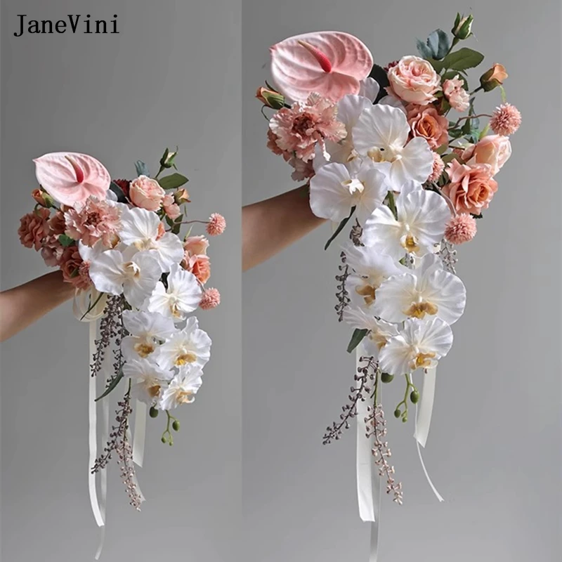 

JaneVini Artificial Champagne Pink Silk Roses Waterfall Bride Bouquets Moth Orchid Cascading Bridal Bouquet Wedding Accessories