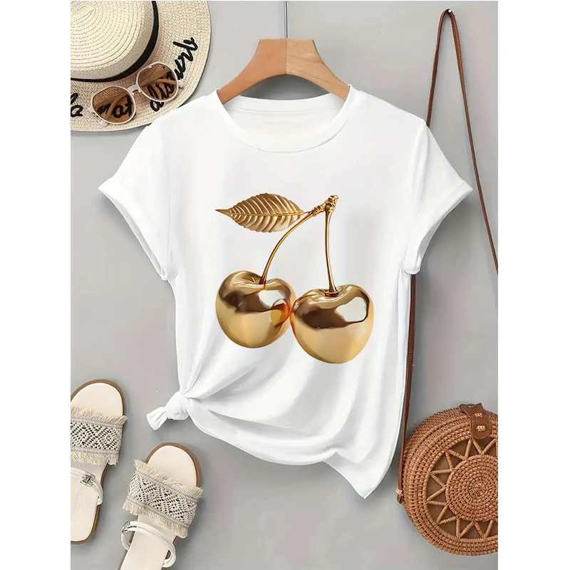 Lustiges Golden Cherry Print Casual Kurzarm T-Shirt Frau Grafik Gothic Tees Tops Y2k 90er Jahre Damen Rundhals T-Shirt Kleidung