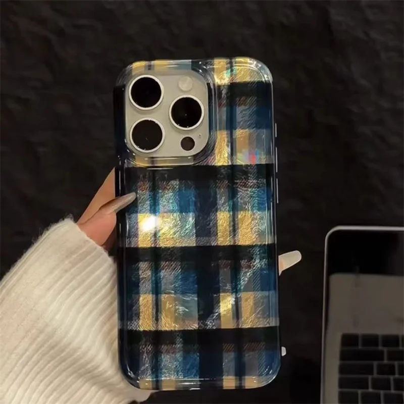 Vintage Blue & Yellow Checkered Phone Case For iPhone 16 15 14 13 12 11 Pro Max XR XS Max 7 8 Plus 16e Vortex Pattern Back Cover - Image 2
