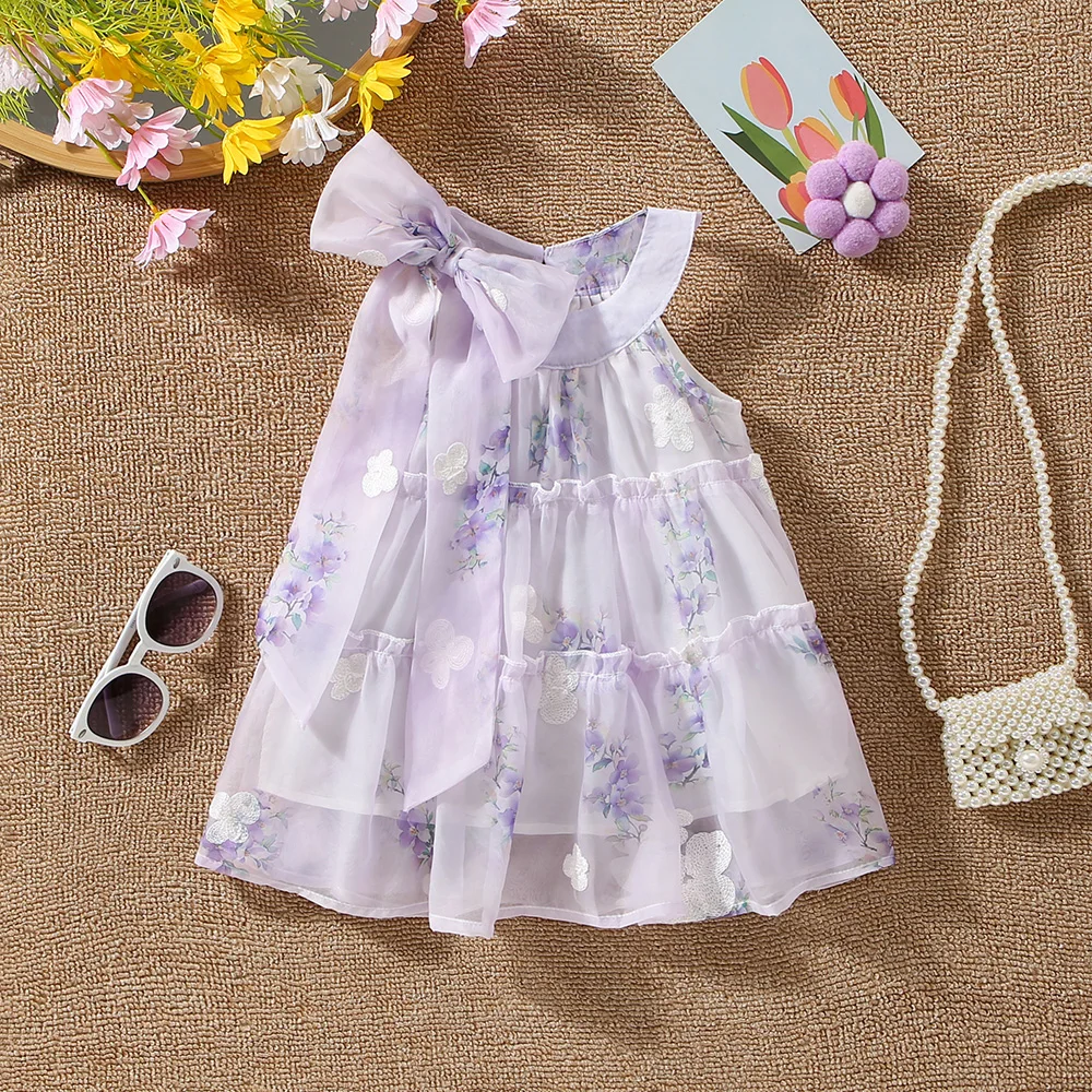 Summer New Baby Girls Dress Ribbon Bow Flower Print Mesh Dress Halter Sweet Princess Dress Birthday Party Dress (0-3 Years)