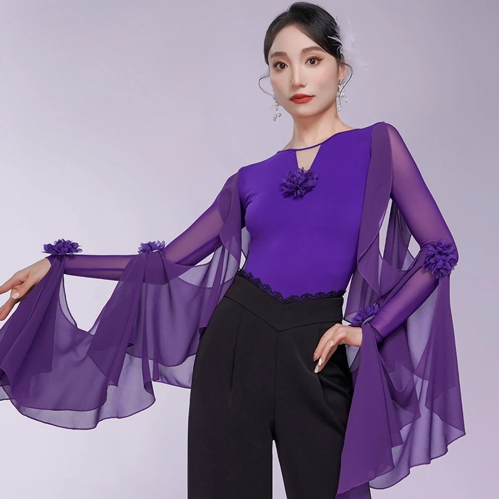 

High-end Ballroom Team Top Orange New Women's Flower Elegant Floating Cloth Black Long Sleeve Performance Purple Waltz Top
