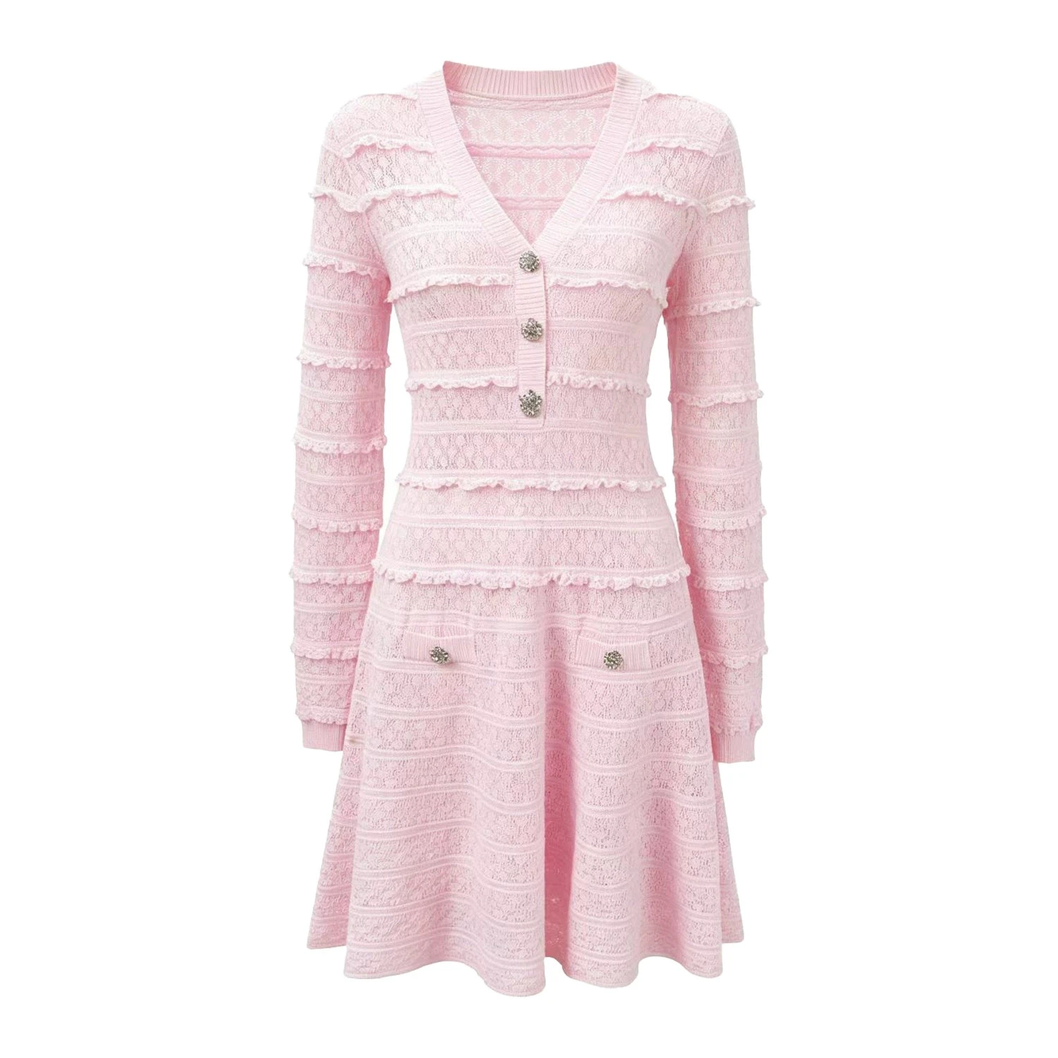 

2026 Pink/White Long Sleeves Knitting Women Dress Buttons Dresses For Womens 51909
