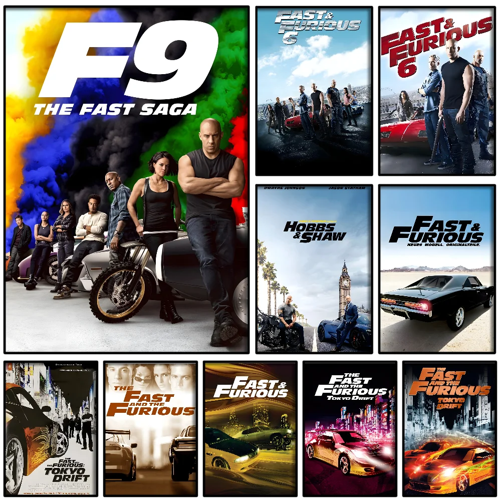 Classic Movies Fast & Furious Series Poster Self-adhesive Art Waterproof Paper Sticker Coffee House Bar Room Wall Decor