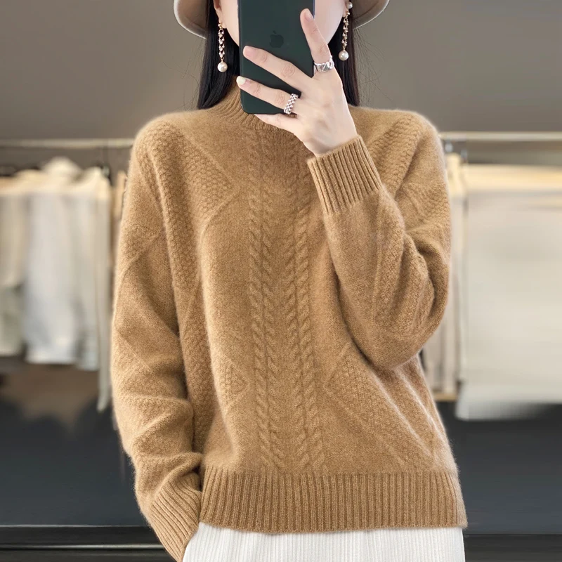 Sweater lengan panjang wanita, pakaian atasan bordir Pullover, pakaian rajut, Turtleneck, lengan panjang, Sweater musim gugur, musim dingin