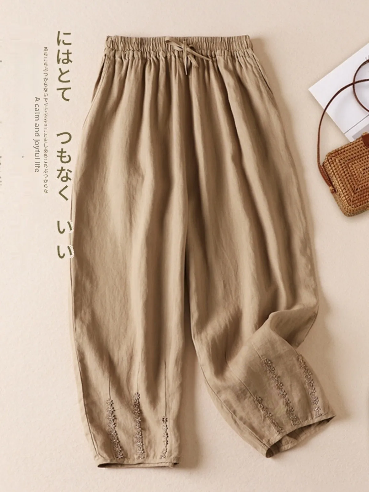 Luksusowe japońskie spodnie z konopi i marchewki damskie, retro haft, casualowe spodnie harlan z bawełny i lnu o długości 7/8, idealne na lato.