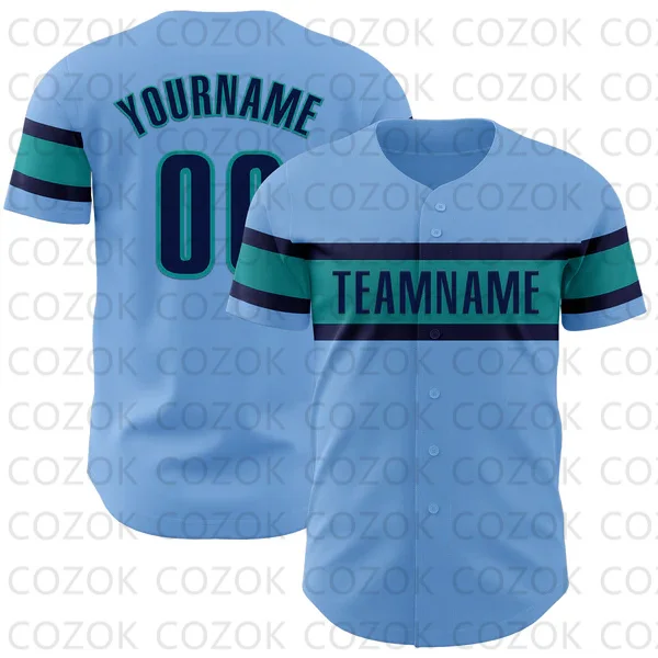 Unisex personalizado luz azul Baseball Jersey, camisa de manga curta, 3D impresso equipe camisas, Hip Hop Tops, homens e mulheres