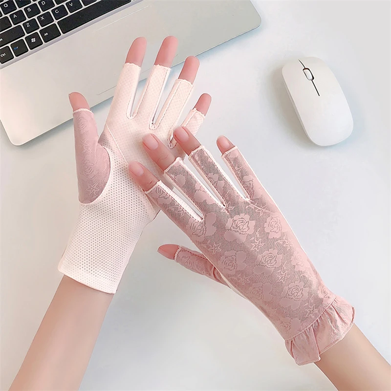 Summer Sunscreen Gloves Lace Driving Cycling Breathable Half Finger Gloves Thin Mesh Ice Screen Anti-Slip Mittens Women