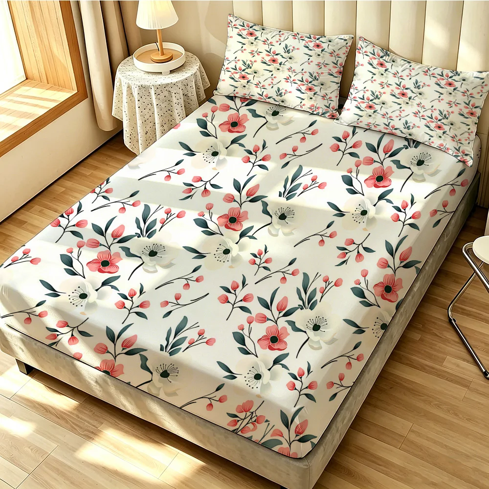 3pcs(1 duvet cover + 2 pillowcases, coreless)white base and a floral pattern of red flowers Available in multiple sizes