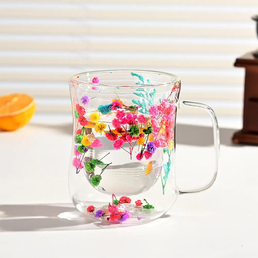 Premium Floral Glassware Elegant Double Walled Glass Cups with Insulated Handle Dried Flowers Heat Resistant for Tea for Touch