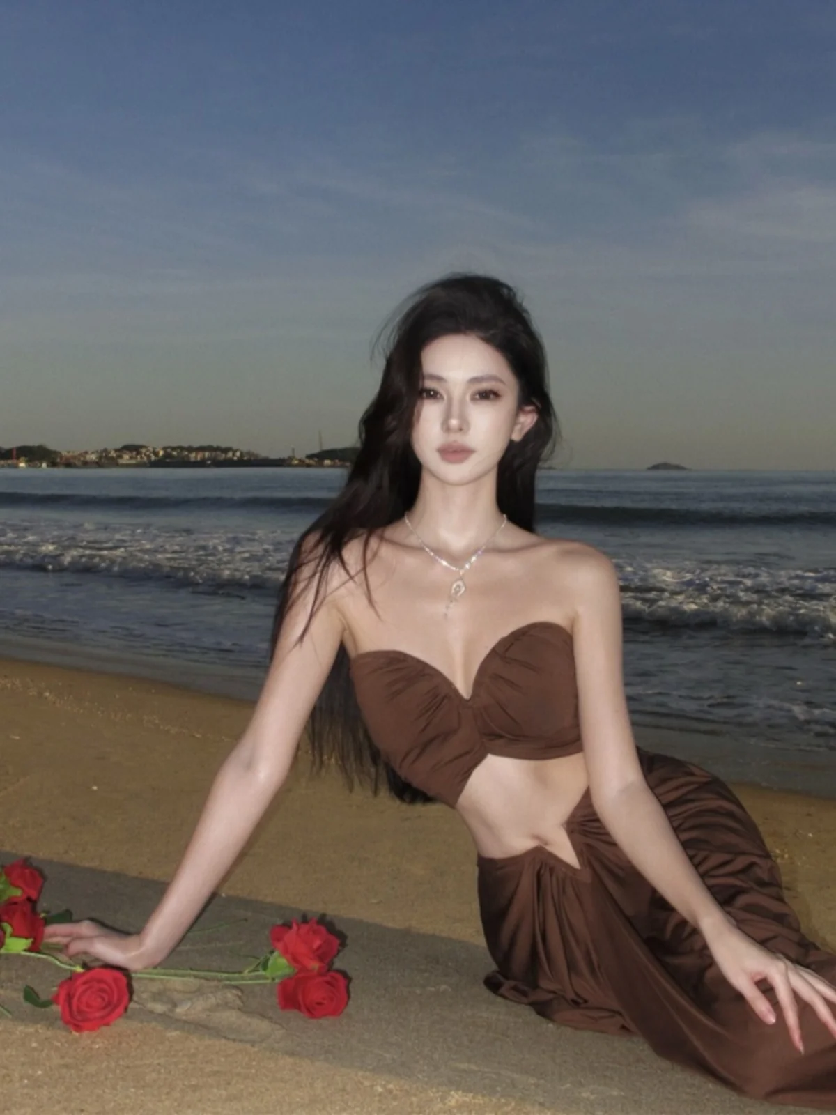 Sexy gebreide rok tweedelige set strandvakantie dames hoge taille elastische stof zomer lange mouw X-ape Dr