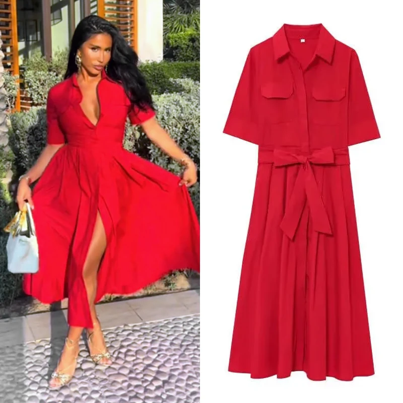 HXAO エレガントなパーティードレス 2025 レディース春夏半袖レッドミディドレスファッションカジュアル Y2k ロングドレス Vestidos